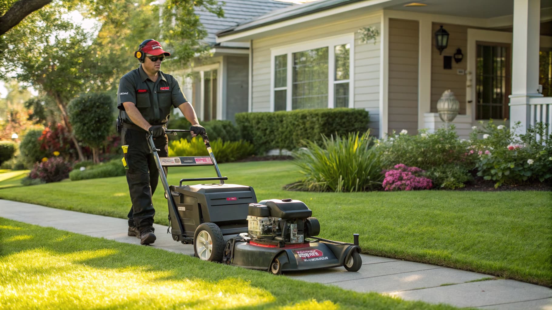 Lawn care professional actively mowing a residential yard